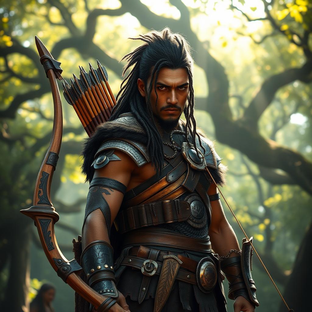 A fierce warrior with a bow, showcasing intricate armor and a determined expression