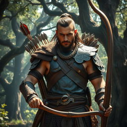 A fierce warrior with a bow, showcasing intricate armor and a determined expression
