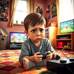 A young boy sitting on a colorful carpet, playing a video game on a console with a controller in his hands