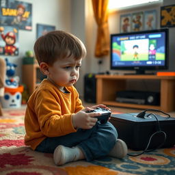 A young boy sitting on a colorful carpet, playing a video game on a console with a controller in his hands