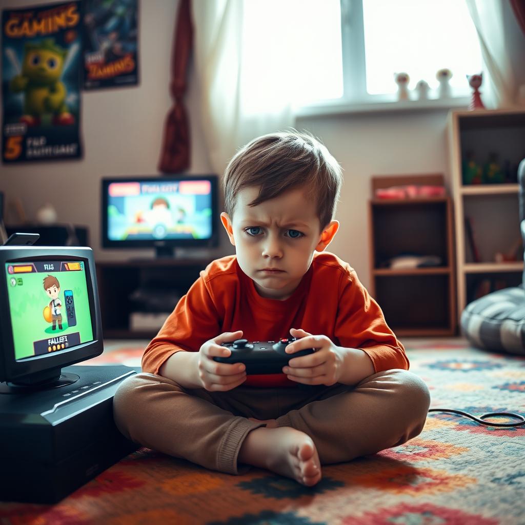 A young boy sitting on a colorful carpet, playing a video game on a console with a controller in his hands