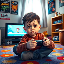 A young boy sitting on a colorful carpet, playing a video game on a console with a controller in his hands