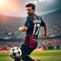 A dynamic image of Lionel Messi wearing a Paris Saint-Germain football jersey