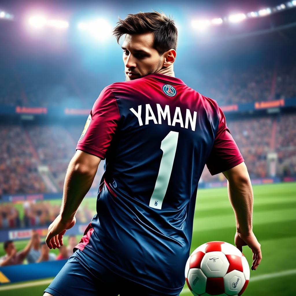 A dynamic image of Lionel Messi wearing a Paris Saint-Germain football jersey