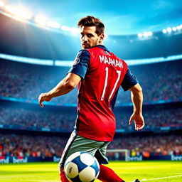 A dynamic image of Lionel Messi wearing a Paris Saint-Germain football jersey