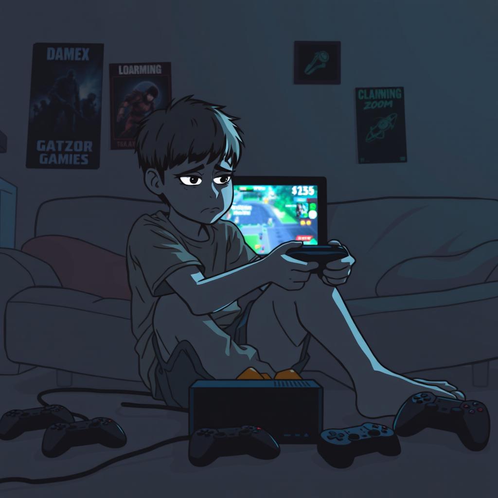 A sorrowful young boy sitting on a couch playing video games