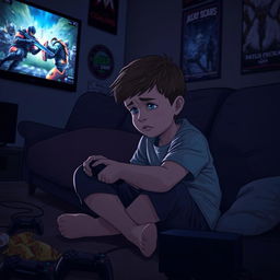 A sorrowful young boy sitting on a couch playing video games