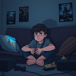 A sorrowful young boy sitting on a couch playing video games
