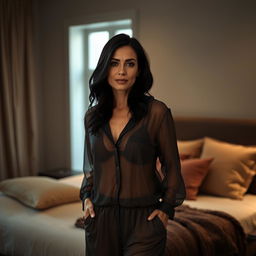 A 40-year-old woman with black hair, wearing large size sheer pajamas