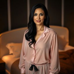 A 40-year-old woman with black hair, wearing large size sheer pajamas
