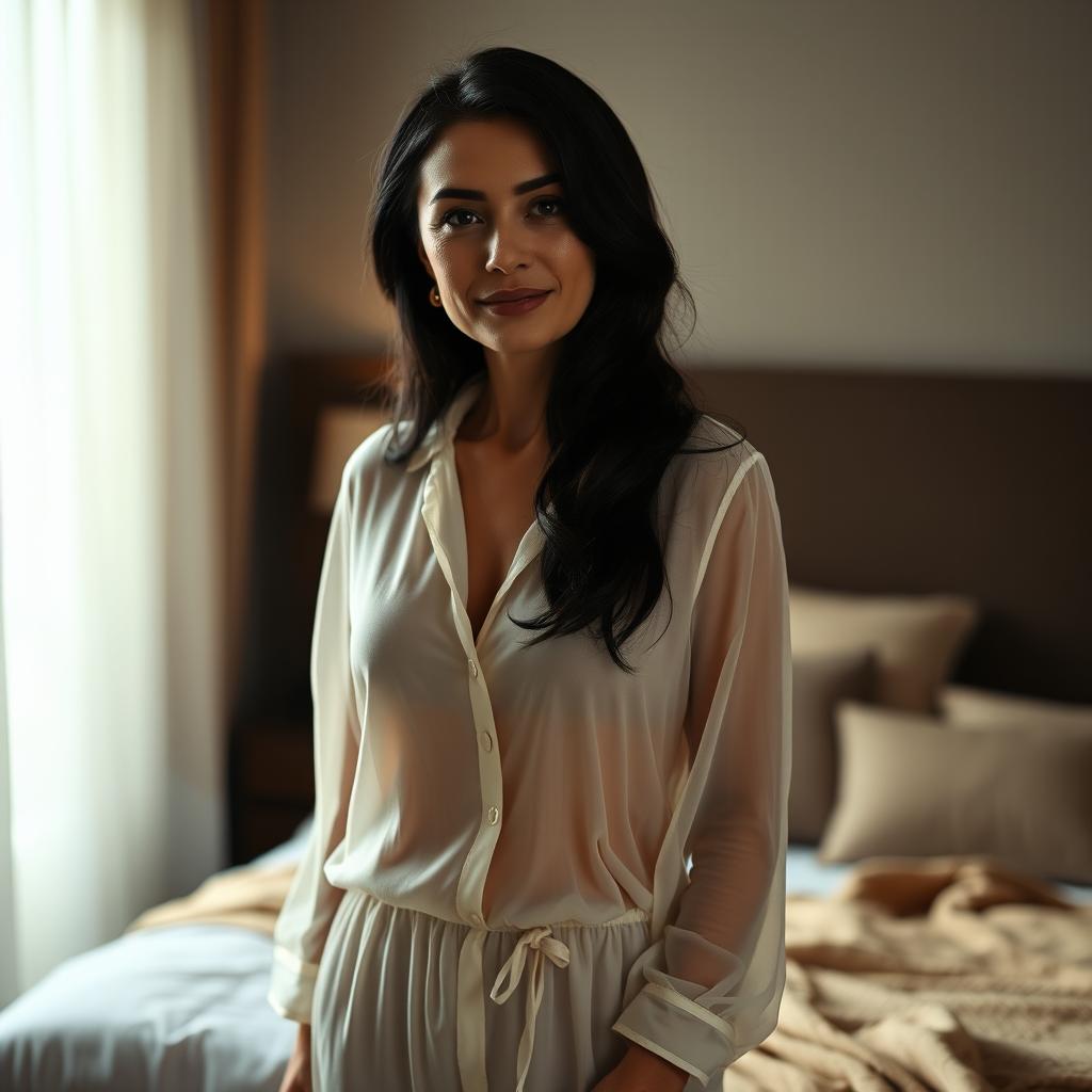 A 40-year-old woman with black hair, wearing large size sheer pajamas