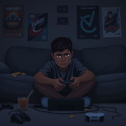 A sorrowful young Black boy sitting on a couch playing video games