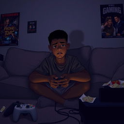 A sorrowful young Black boy sitting on a couch playing video games