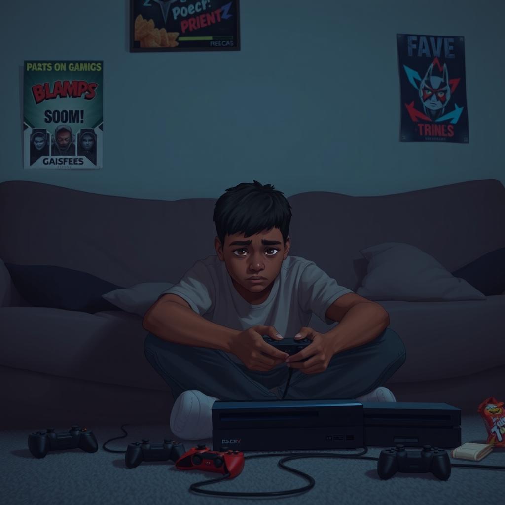 A sorrowful young Black boy sitting on a couch playing video games