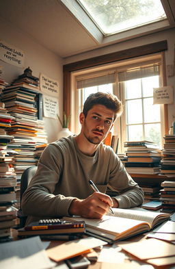 A young adult male author sitting at a cluttered desk, deeply focused on writing, surrounded by stacks of books and scattered papers