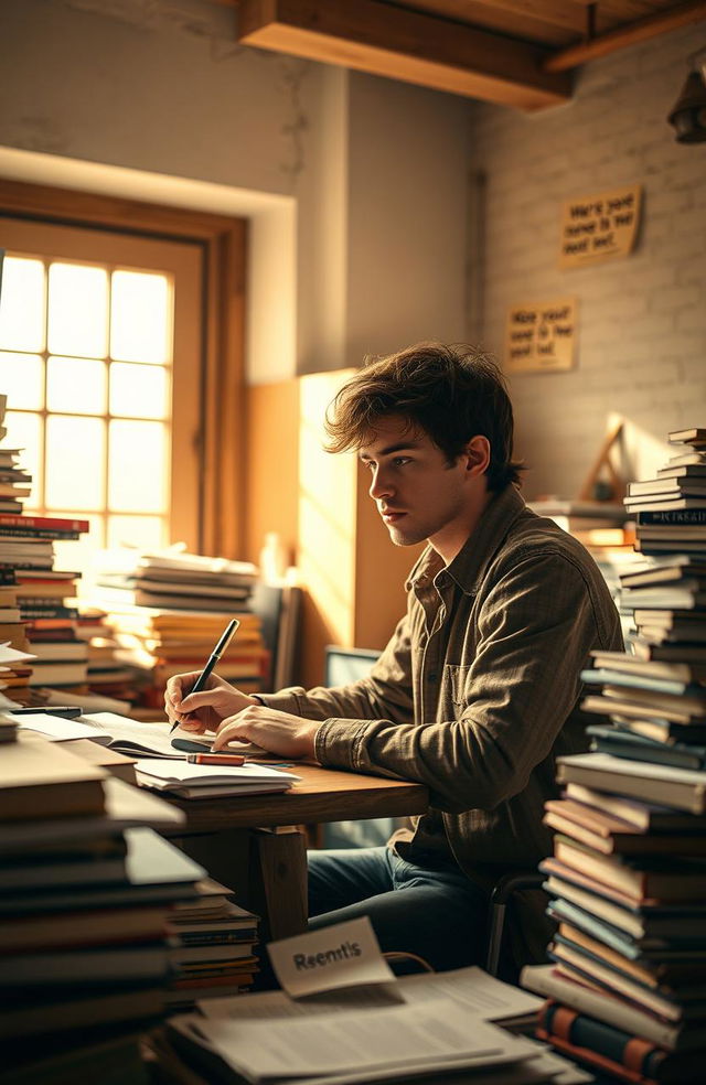 A young adult male author sitting at a cluttered desk, deeply focused on writing, surrounded by stacks of books and scattered papers