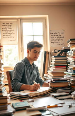 A young adult male author sitting at a cluttered desk, deeply focused on writing, surrounded by stacks of books and scattered papers
