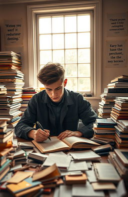 A young adult male author sitting at a cluttered desk, deeply focused on writing, surrounded by stacks of books and scattered papers