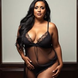 A 40-year-old woman with long black hair, wearing a large size, featuring voluptuous curves and large breasts, dressed in a sheer negligee that beautifully drapes over her figure