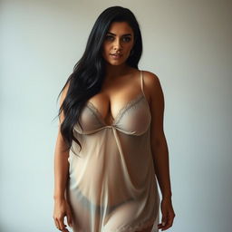 A 40-year-old woman with long black hair, wearing a large size, featuring voluptuous curves and large breasts, dressed in a sheer negligee that beautifully drapes over her figure