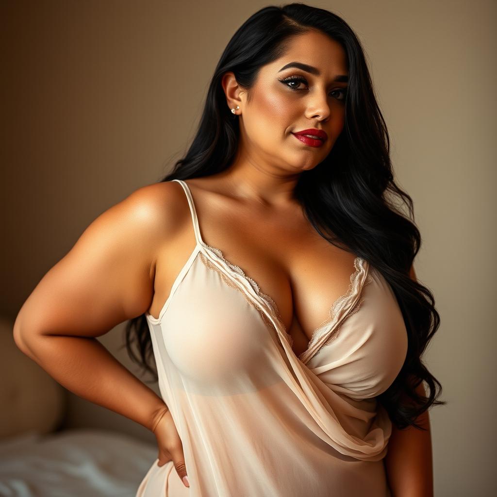 A 40-year-old woman with long black hair, wearing a large size, featuring voluptuous curves and large breasts, dressed in a sheer negligee that beautifully drapes over her figure