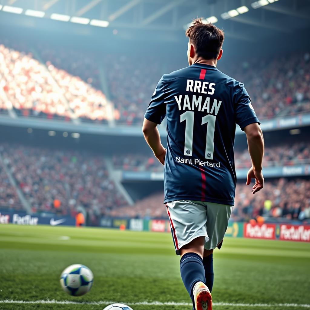 A captivating image of Lionel Messi in a Paris Saint-Germain football jersey, with the name 'Yaman' boldly printed on the back