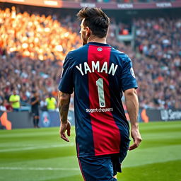 A captivating image of Lionel Messi in a Paris Saint-Germain football jersey, with the name 'Yaman' boldly printed on the back