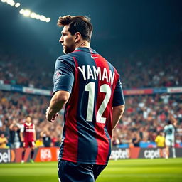 A captivating image of Lionel Messi in a Paris Saint-Germain football jersey, with the name 'Yaman' boldly printed on the back