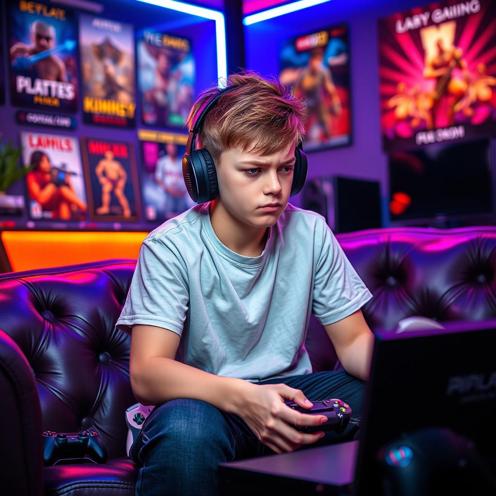 A cool young boy sitting on a stylish couch, intensely focused on playing video games