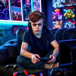 A cool young boy sitting on a stylish couch, intensely focused on playing video games