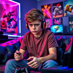 A cool young boy sitting on a stylish couch, intensely focused on playing video games