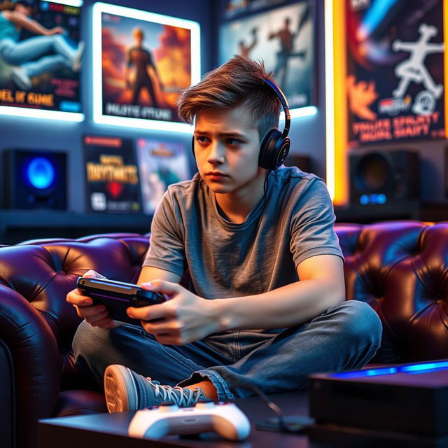 A cool young boy sitting on a stylish couch, intensely focused on playing video games