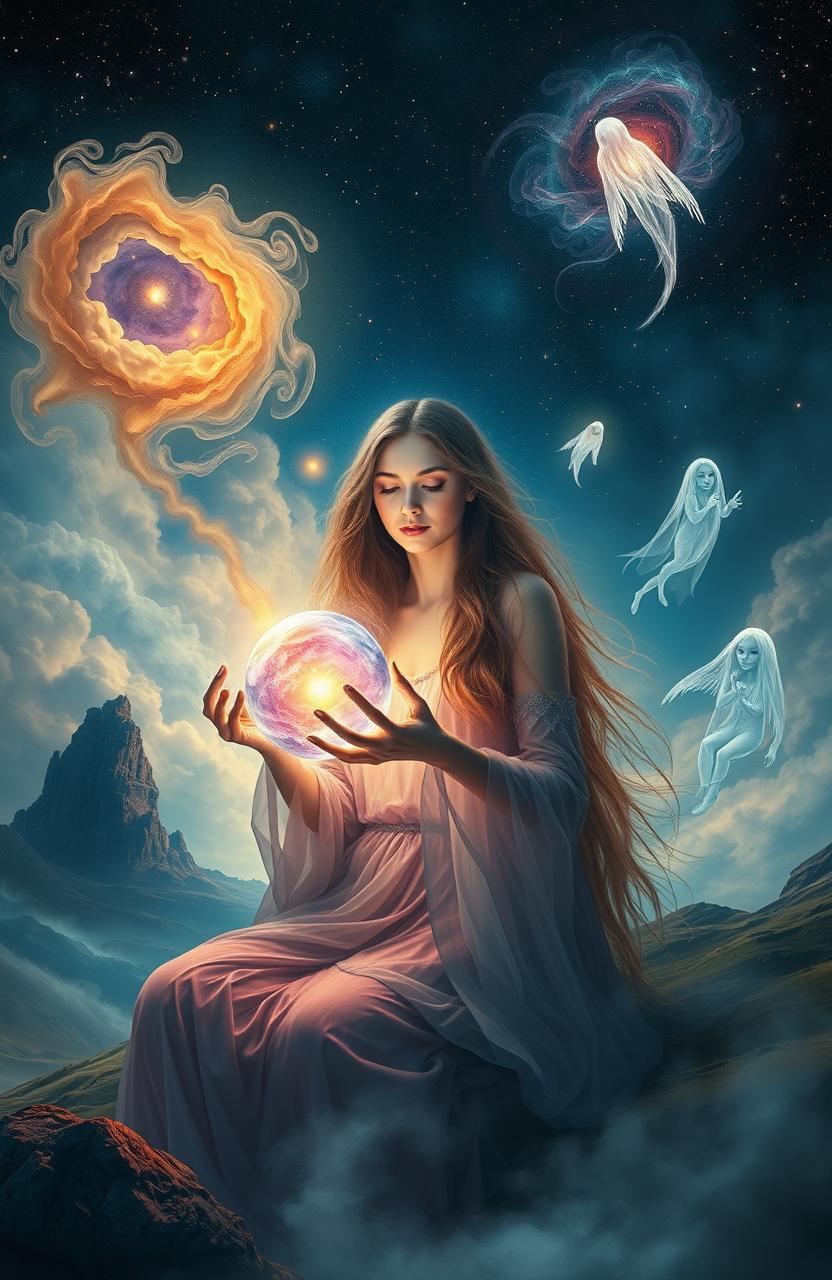 A mystical scene depicting a medium connecting with the spiritual realm, surrounded by ethereal wisps of energy and ghostly apparitions