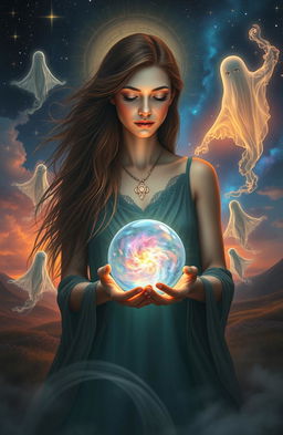 A mystical scene depicting a medium connecting with the spiritual realm, surrounded by ethereal wisps of energy and ghostly apparitions