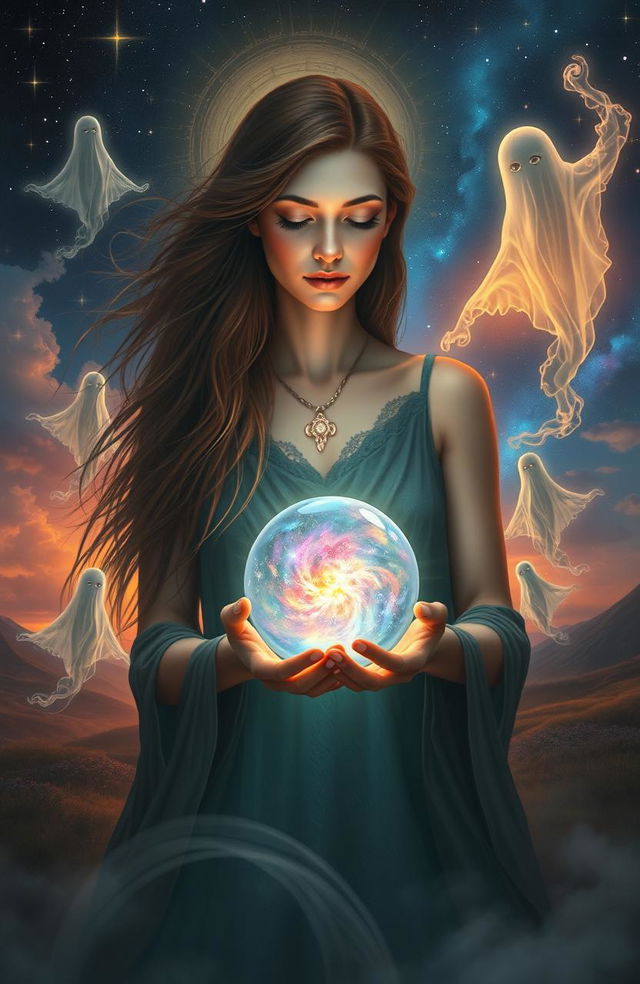 A mystical scene depicting a medium connecting with the spiritual realm, surrounded by ethereal wisps of energy and ghostly apparitions
