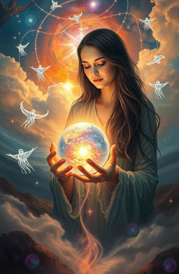 A mystical scene depicting a medium connecting with the spiritual realm, surrounded by ethereal wisps of energy and ghostly apparitions