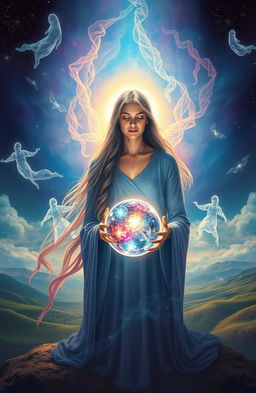 A mystical scene depicting a medium connecting with the spiritual realm, surrounded by ethereal wisps of energy and ghostly apparitions