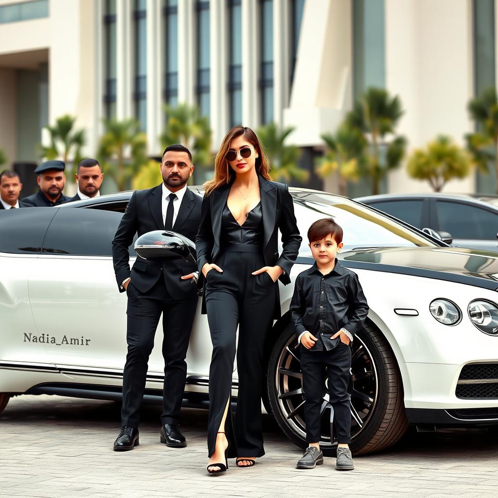 An elegant and wealthy woman dressed in a stylish black outfit stands confidently next to a luxurious car, with the name 'Nadia_Amir' emblazoned on the side