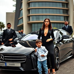 An elegant and wealthy woman dressed in a stylish black outfit stands confidently next to a luxurious car, with the name 'Nadia_Amir' emblazoned on the side