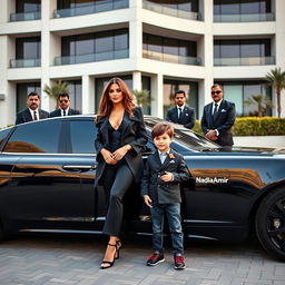 An elegant and wealthy woman dressed in a stylish black outfit stands confidently next to a luxurious car, with the name 'Nadia_Amir' emblazoned on the side