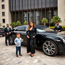 An elegant and wealthy woman dressed in a stylish black outfit stands confidently next to a luxurious car, with the name 'Nadia_Amir' emblazoned on the side