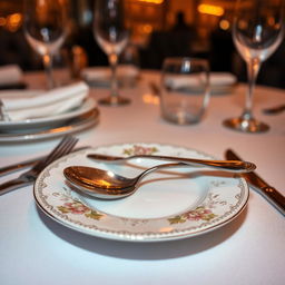 A beautifully set dining table featuring a stylish plate with an elegant spoon resting on its surface