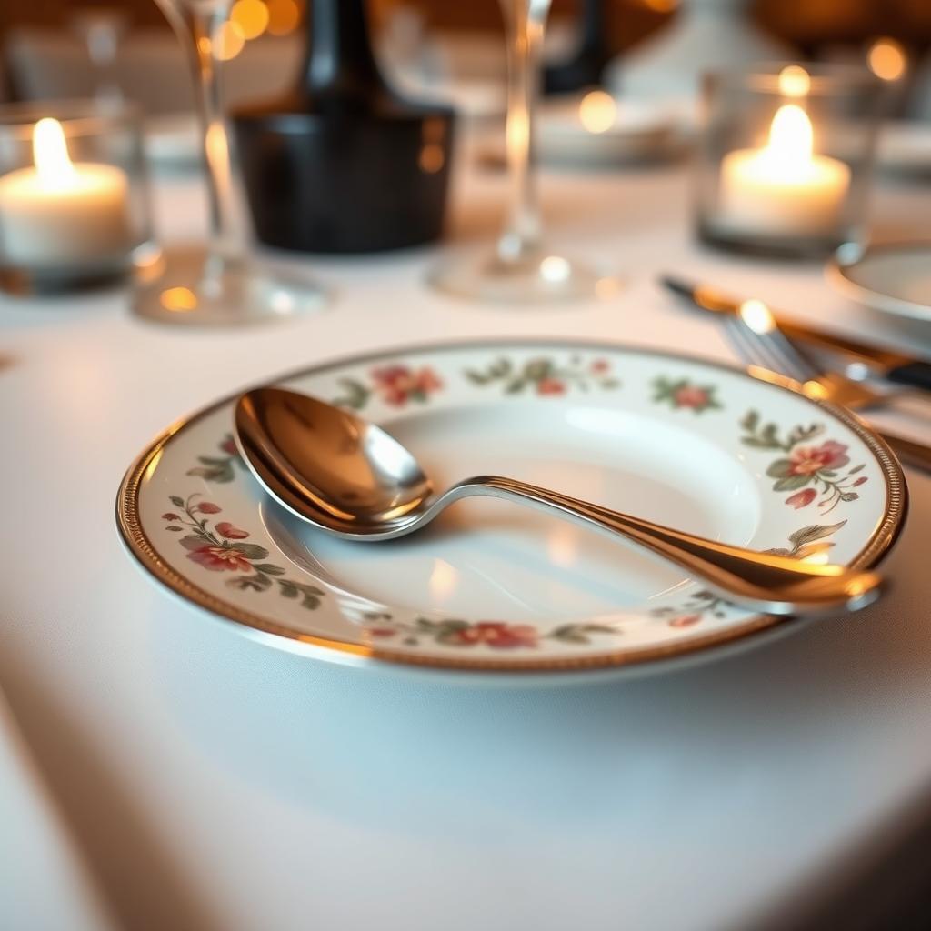 A beautifully set dining table featuring a stylish plate with an elegant spoon resting on its surface