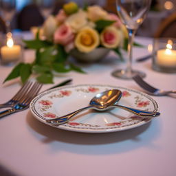 A beautifully set dining table featuring a stylish plate with an elegant spoon resting on its surface