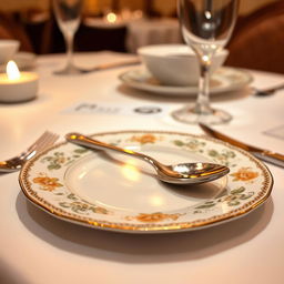 A beautifully set dining table featuring a stylish plate with an elegant spoon resting on its surface