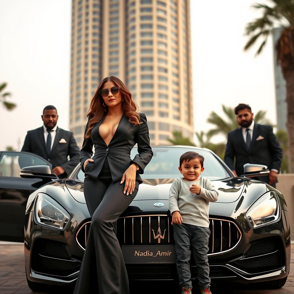 An affluent and stylish woman dressed in an elegant black outfit stands confidently beside a luxury car, adorned with the name 'Nadia_Amir'