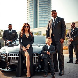 An affluent and stylish woman dressed in an elegant black outfit stands confidently beside a luxury car, adorned with the name 'Nadia_Amir'