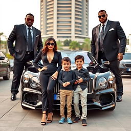 An affluent and stylish woman dressed in an elegant black outfit stands confidently beside a luxury car, adorned with the name 'Nadia_Amir'