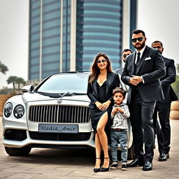 An affluent and stylish woman dressed in an elegant black outfit stands confidently beside a luxury car, adorned with the name 'Nadia_Amir'