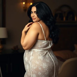 A beautiful 40-year-old woman with black hair, wearing a large size sheer lace nightgown